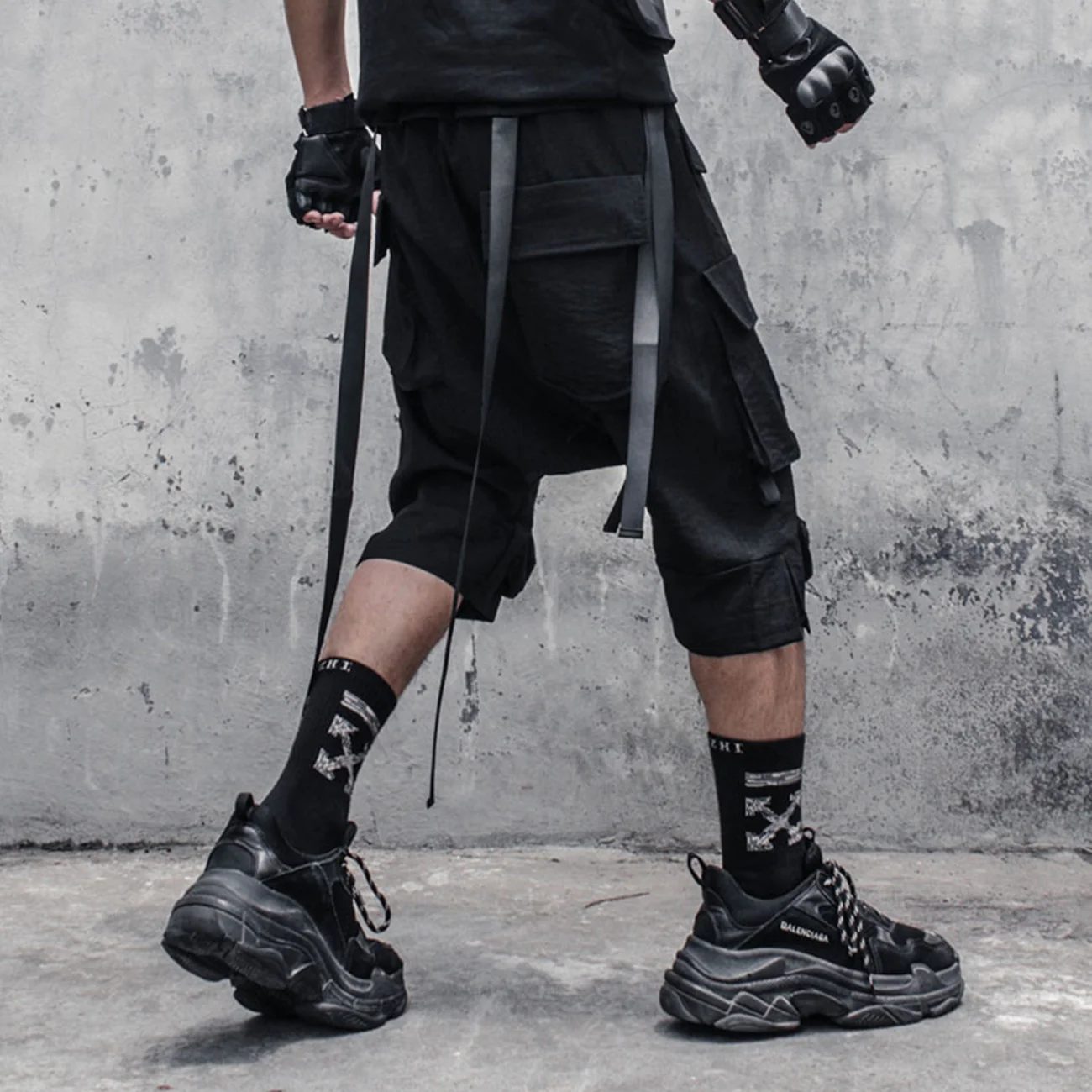 Length Knee Elastic Waist Shorts Joggers Ribbons Mulit Pockets Shorts Pants Men Hip Hop Techwear Cargo Streetwear