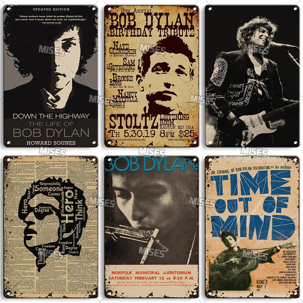 Póster Vintage de música MISES, Bar, cafetería, decoración Industrial, placa de Metal para garaje, cantante clásica, Bob Dylan, placa decorativa de