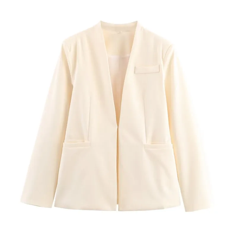 Ladies' Collarless Slim Fit Casual Suit Jacket Autumn Solid Long Sleeved Pockets Decoration Single Button Women's Tops