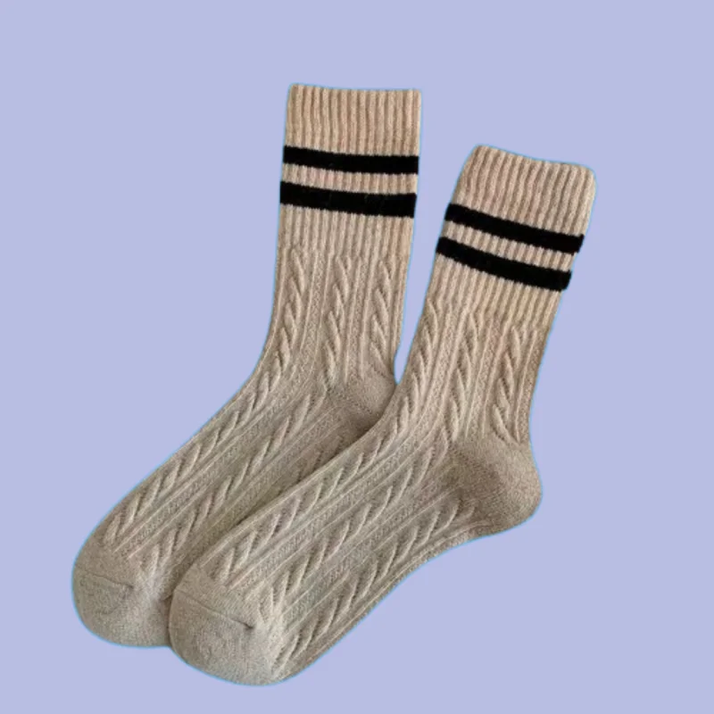 5/10 Pairs Women Autumn and Winter Thick Warm Japanese Striped Double Bar Middle Socks New Brown Retro Pile Socks Twisted Socks