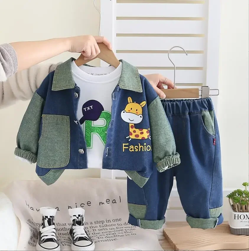 Conjunto de ropa para bebé, chaqueta informal de vaquero con jirafa coreana de 9 a 18 meses, camisetas y pantalones, ropa infantil de 3 uds., chándales para niños