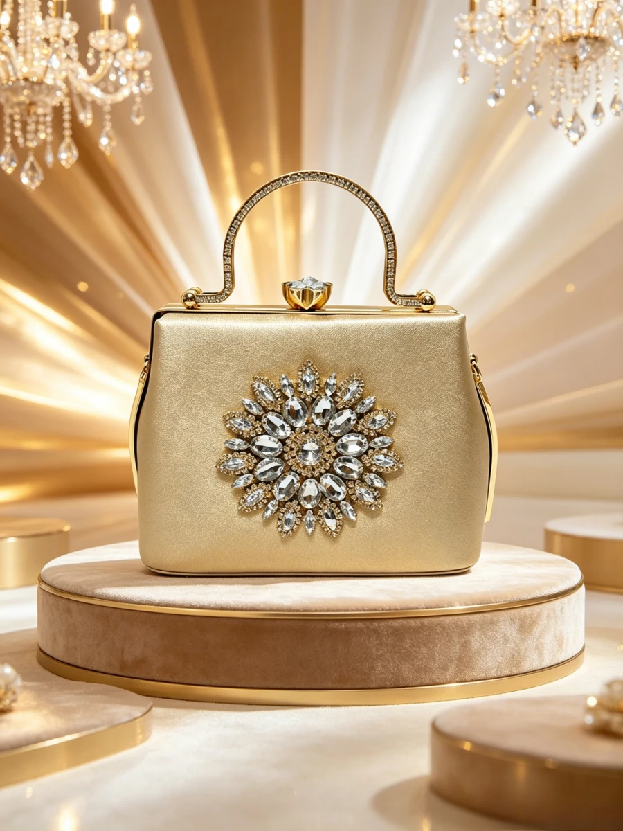 Satin Gold Sunflower Crystal Metal Top Handle Clutch Women Luxury Party Runway Evening Handbag Luxury Designer Bags High Quality