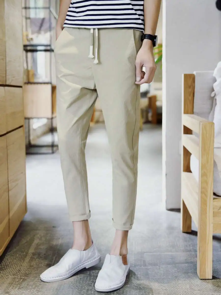 

Faionable Linen Men's Casual Pants Summer Sle Nine-Tenths Length Trousers Comfortable Loose Fit mid Waist Belt Loops