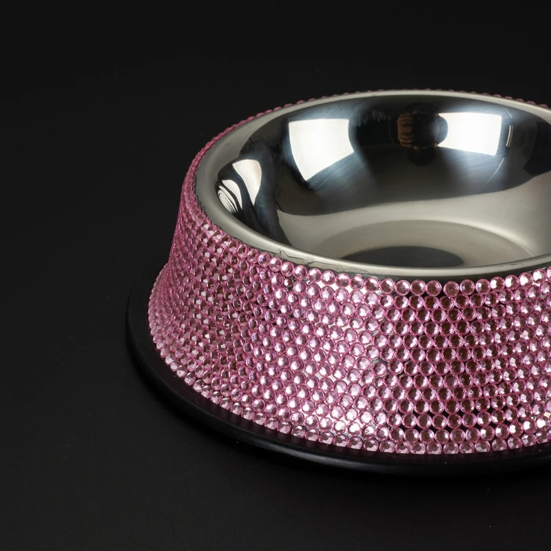 Dog Bowls with Rhinestones Stainless Steel Dog Food and Water Bowls Non-Skid Rubber Base Sparkling Feeding Supplies