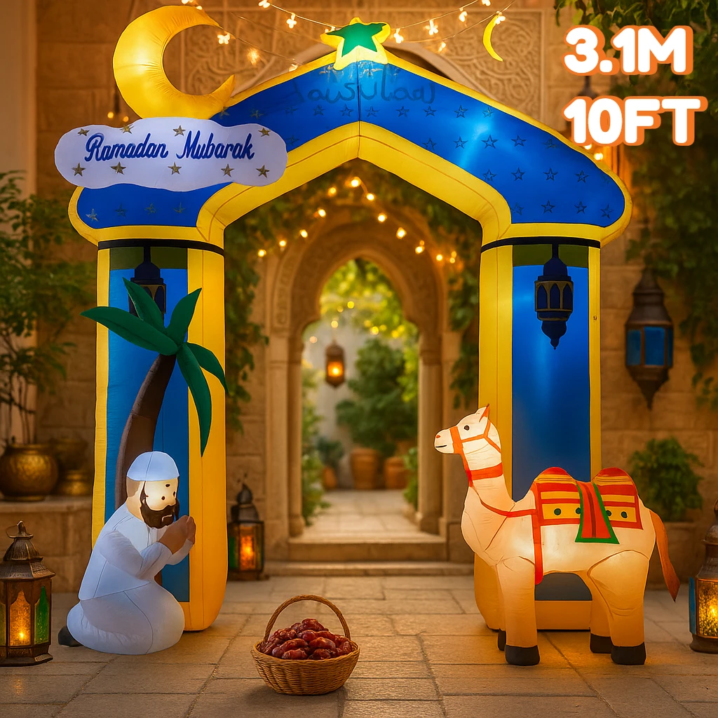10FT Ramadan Mubarak Arch Inflatable Decor Star Palm Tree Praying Figure Camel Islamic Holiday Outdoor Yard Garden Supplies