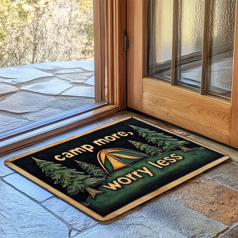 1pc Soft & Comfortable 8mm Thick Flannel 'Camp More, Worry Less' Forest Camping Design Door Mat - Machine Washable, Ideal for