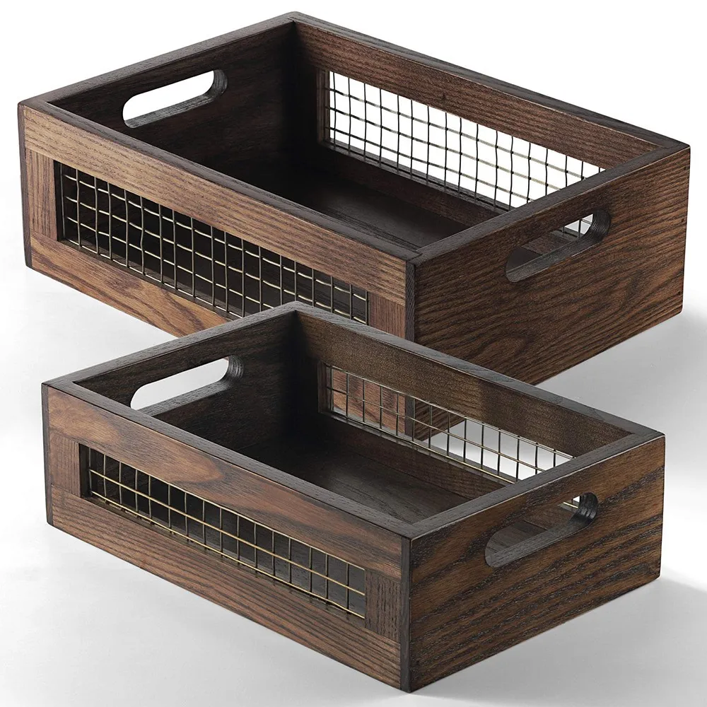 2 Pack Rustic Wooden Nesting Crates, Wall Mount Storage Baskets with Full Accessories, Multipurpose Organizer for Kitchen Pantry Bathroom Fruit Bread
