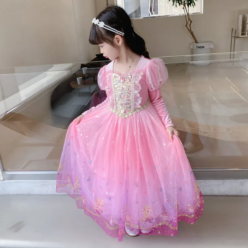 Disney Long Hair Princess Dress Girls Spring and Autumn New Velvet Dress Christmas Party Cospaly Elsa Dress Pink Birthday Gifts