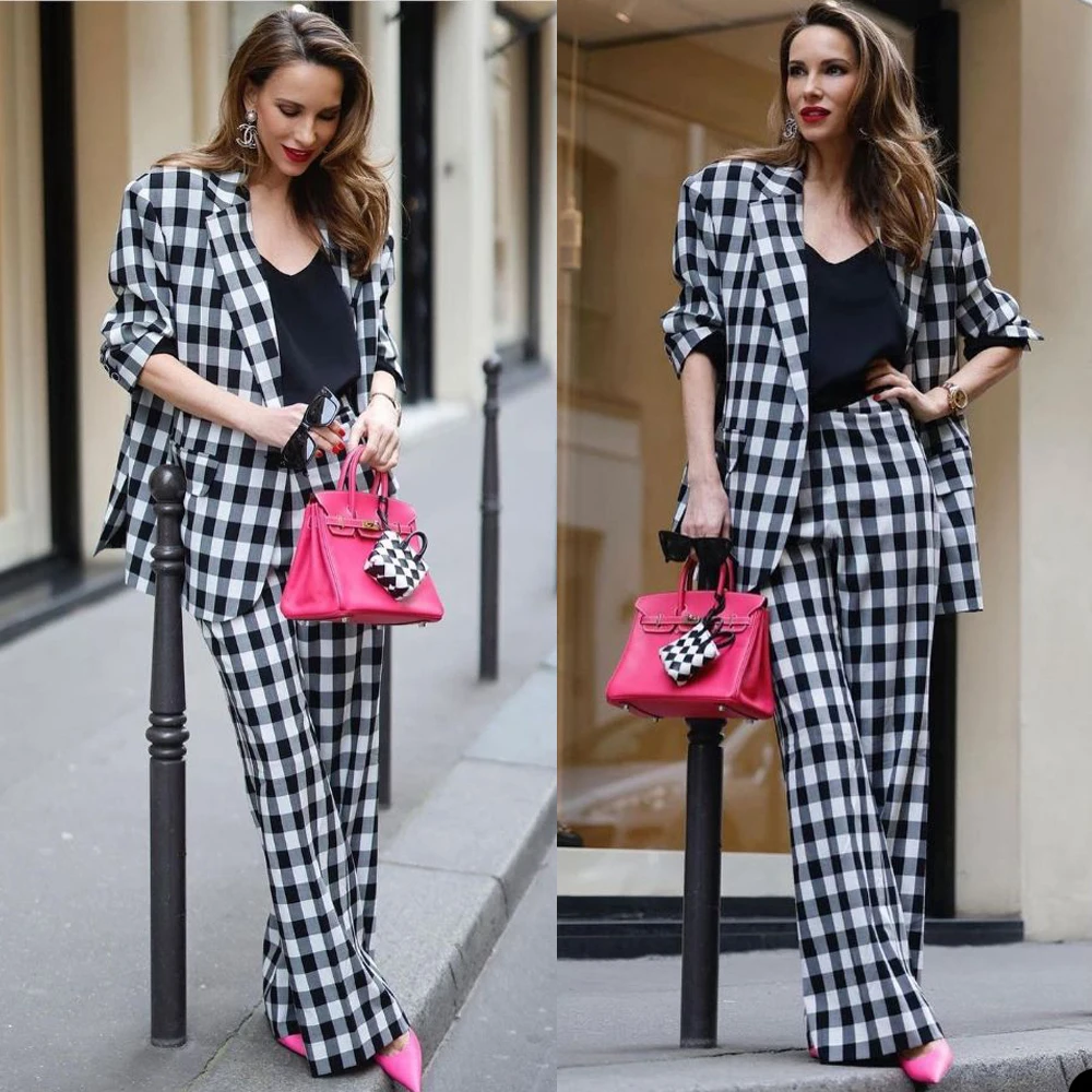 

Fashion Black White Plaid Blazer Suits Street Power Slim Fit Pencil Pants Evening Party Outfit Wedding Wear 2 Pieces