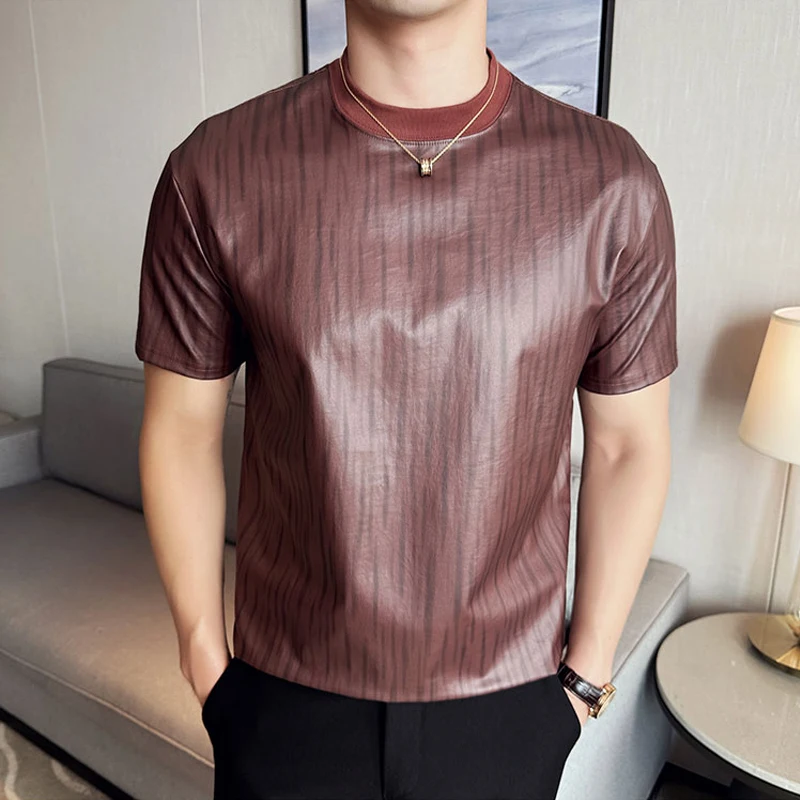 High Quality Coated Faux Leather Short Sleeved Men T Shirt Sexy Slim Fit Bright Striped Men's T-Shirt Bar Stage O-Neck Tee Tops