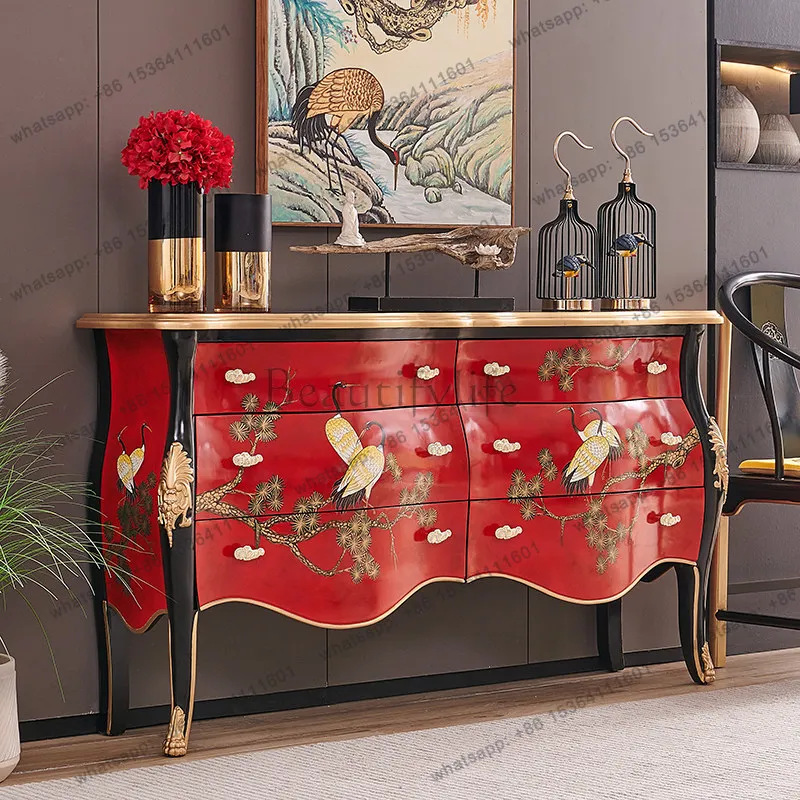 FG new Chinese retro Chinese style red hand-painted pine crane solid wood French entrance decorative cabinet