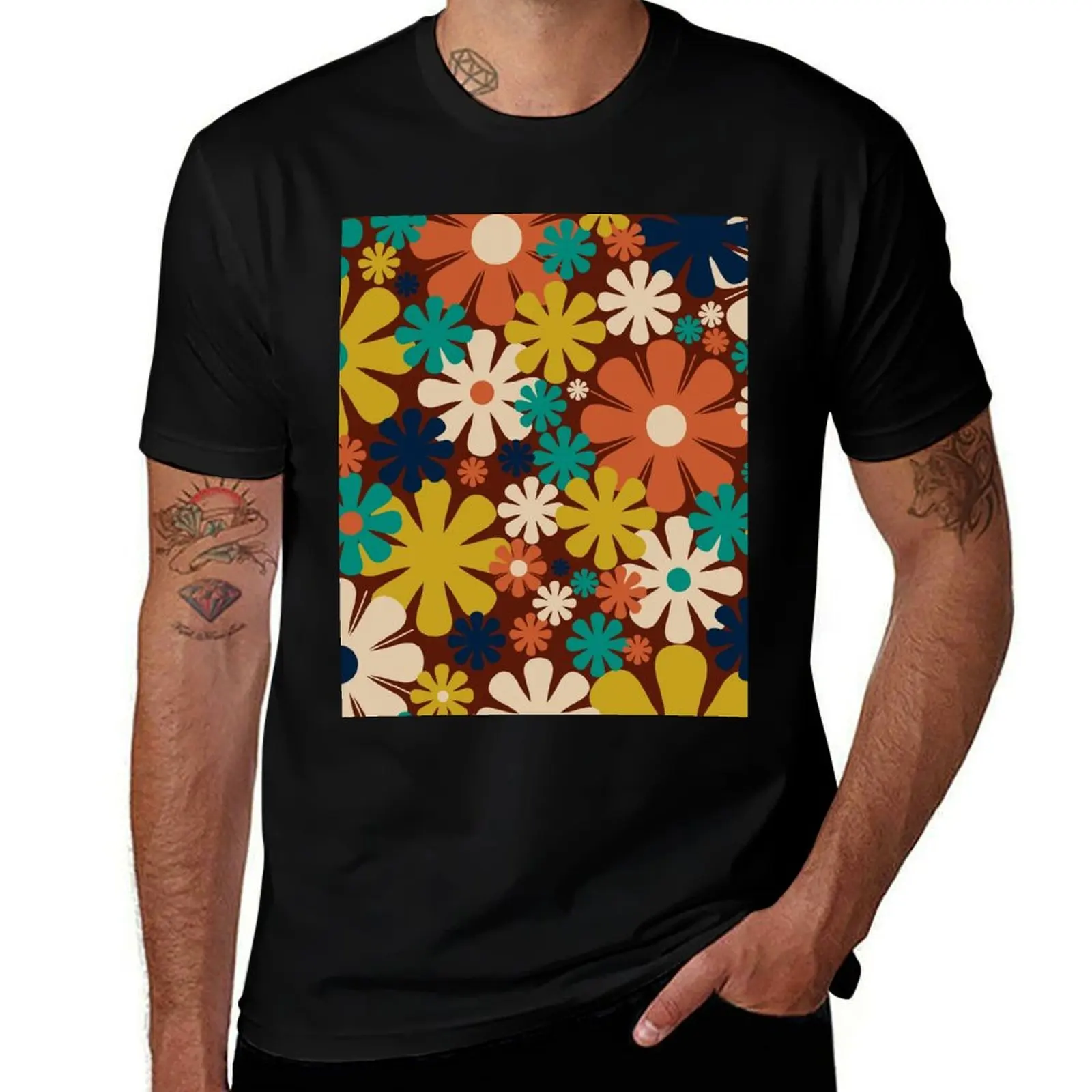 

Retro 60s 70s Aesthetic Floral Pattern in Midcentury Rust Orange Mustard Teal Blue Beige T-Shirt men t shirt cotton 100%