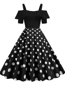 Image Off the Shoulder Elegant Vintage Party Dress Women Summer Polka Dot Ruffles A Line Midi Dresses