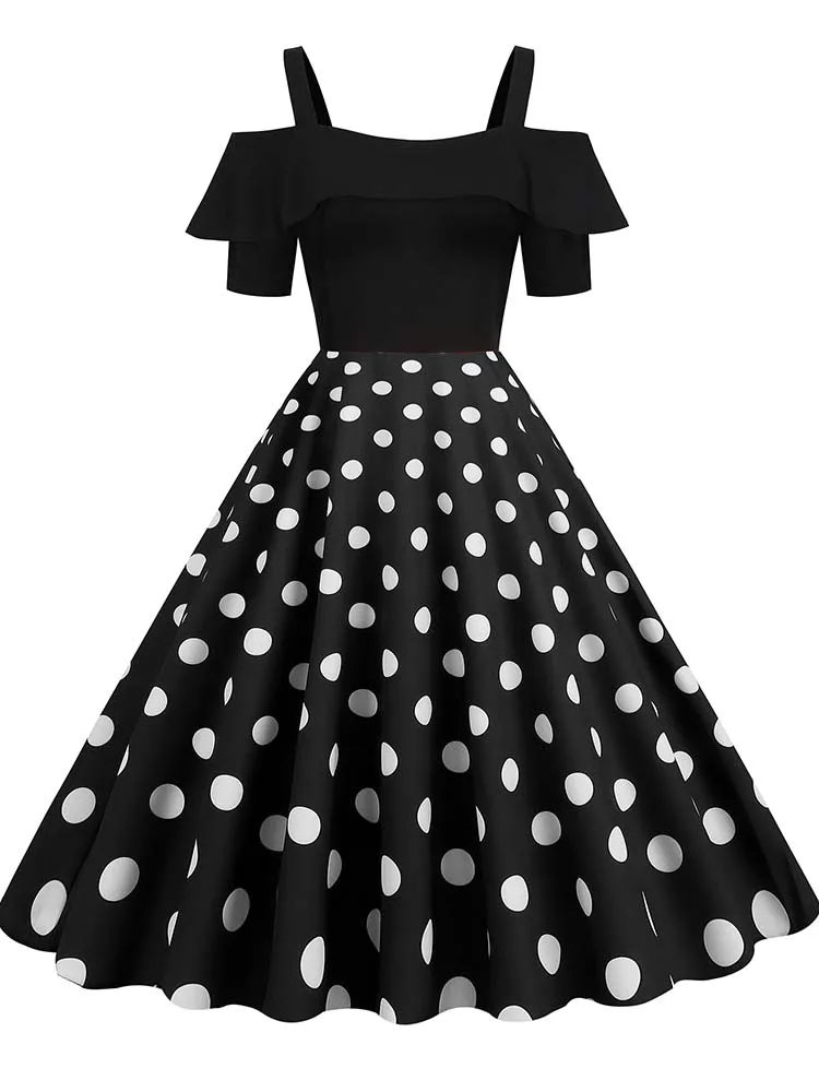 Off the Shoulder elegancka sukienka w stylu vintage, damska letnia sukienka w kropki z falbanami, linia Midi