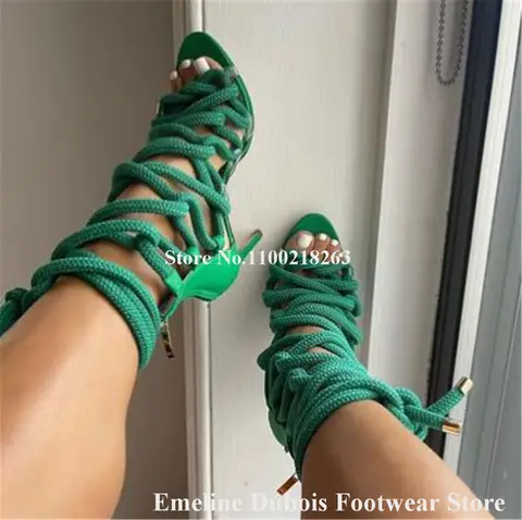 Sexiga Rep Gladiatorsandaler Emeline Dubois Öppen Tå Rosrosa Tjocka Band Stilettklackar Klackskor Snörning Festpumps 6 best sales rosa klackar - №3