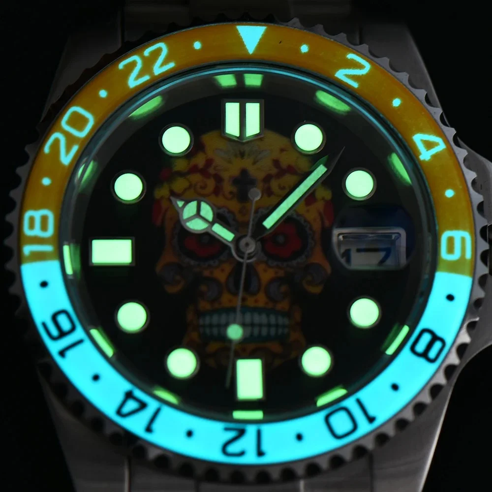 40mm Skull Full Night Glow Man Automatic Mechanical Creative NH3 Series 35 Watch 316L Stainless Steel Sapphire Glass Waterproof