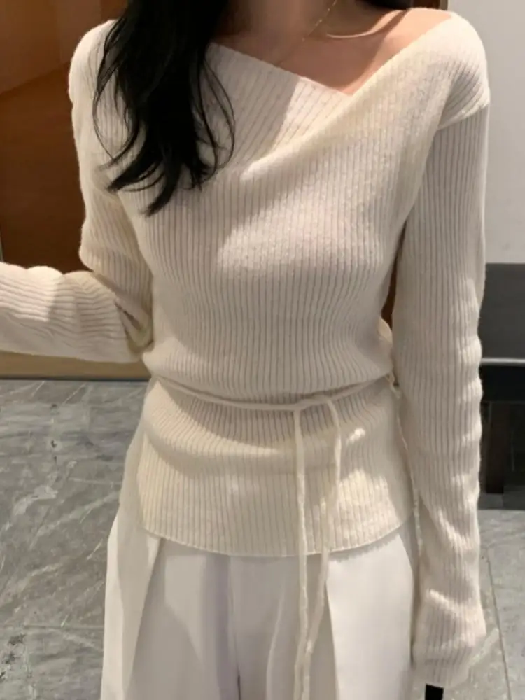 Sweter Rajutan Berenda Leher V Gaya Korea Wanita Atasan Warna Solid Kasual Slim Fit Lengan Panjang Chic Musim Gugur Musim Dingin Modis