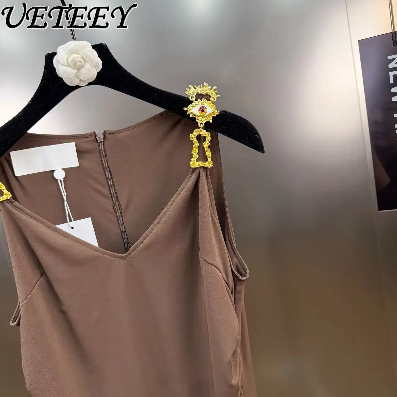 فستان ماكسي مثير بدون أكمام مكشكش أنيق للنساء خفيف فاخر بلون سادة وقصة ضيقة لحفلات الولائم فساتين طويلة بدون أكمام #6