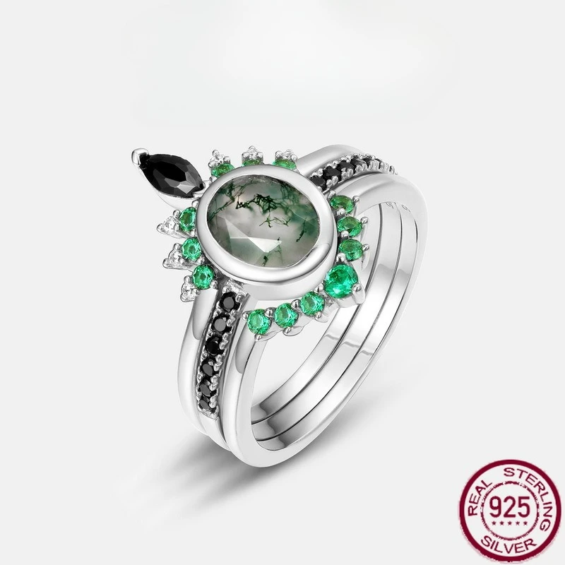 

Новое кольцо из чистого серебра S925 с зеленым мохом, кольцо на палец с агатом из водной травы, женские свадебные украшения в европейском и американском стиле