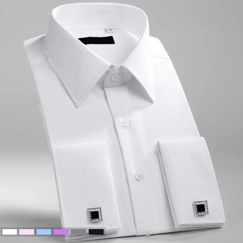 Camisa de vestir Social con puños franceses clásicos para hombre, camisas blancas formales de negocios de ajuste estándar de manga larga para fiesta