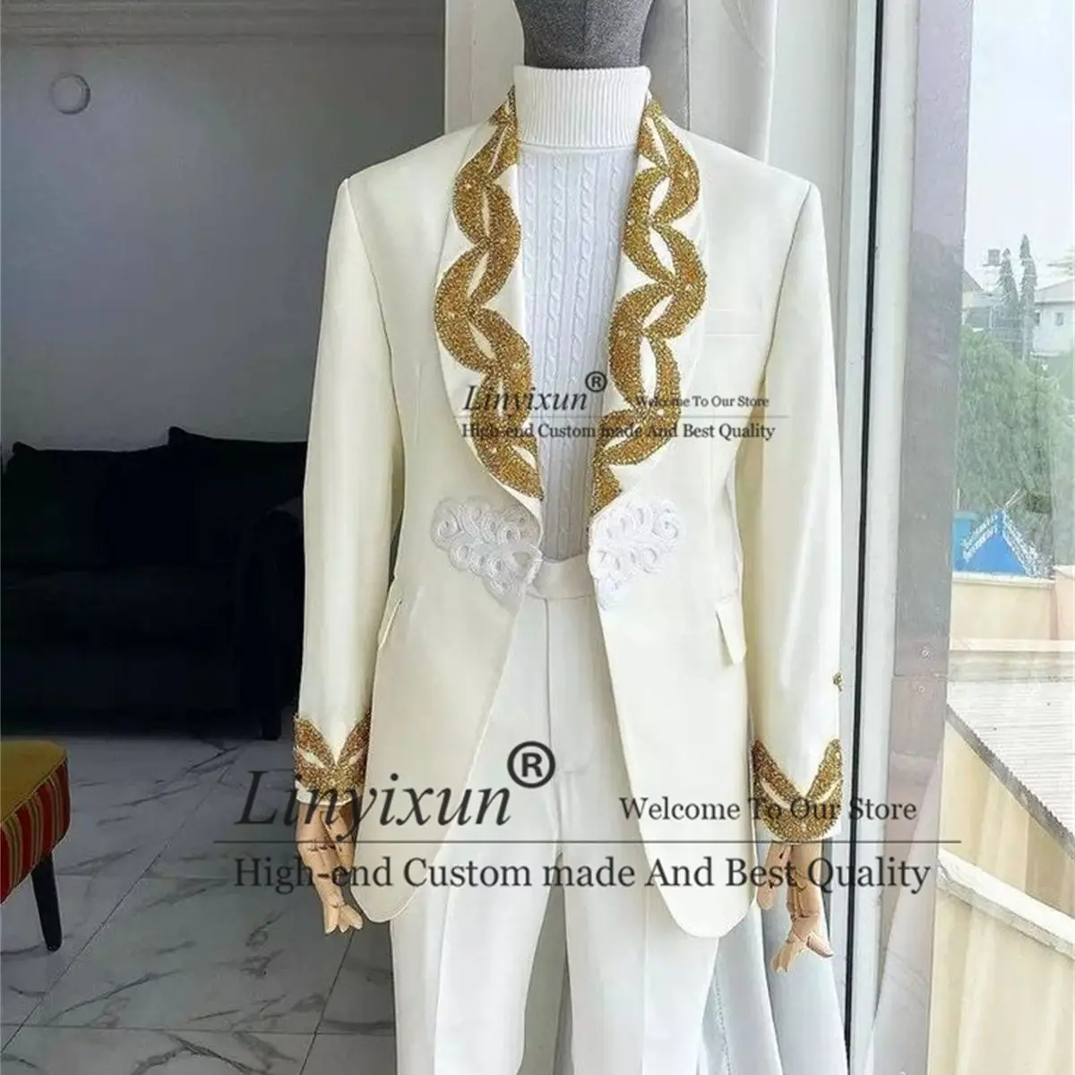 

Elegant Wedding Suits Shawl LapelFormal Bridegroom Dress Gold Beading Men 2 Pieces Party Tuxedo Terno Masculinos Completo