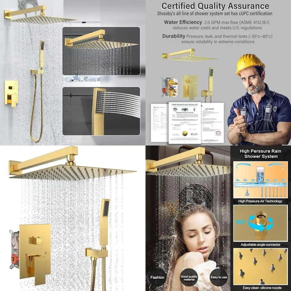 

12 Inch Wall-Mounted Brushed Gold Rain Shower System with Handheld Combo Set
