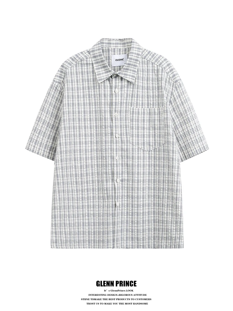 

Blue Plaid Short Sleeve Casual Shirt Men's Summer New Lazy Style Versatile Cotton Breathable Loose Fit Shirt for Youth Daily ...