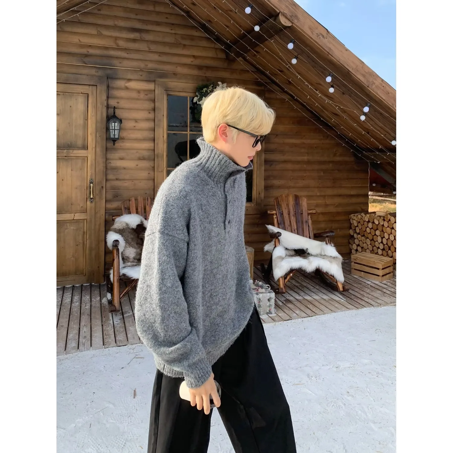 

Мужской свитер Thiened f с высоким воротником, свободный дизайн, осень-зима, длинный све, модная повседневная трикотажная одежда, теплый полиэстер