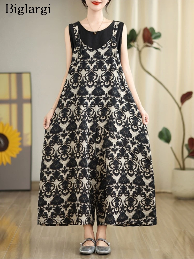 Oversized Summer Sleeveless Slip Jumpsuit Women Floral Print Modis Casual Ladies Jumpsuits Loose Wide Leg Pleated Woman Jumpsuit