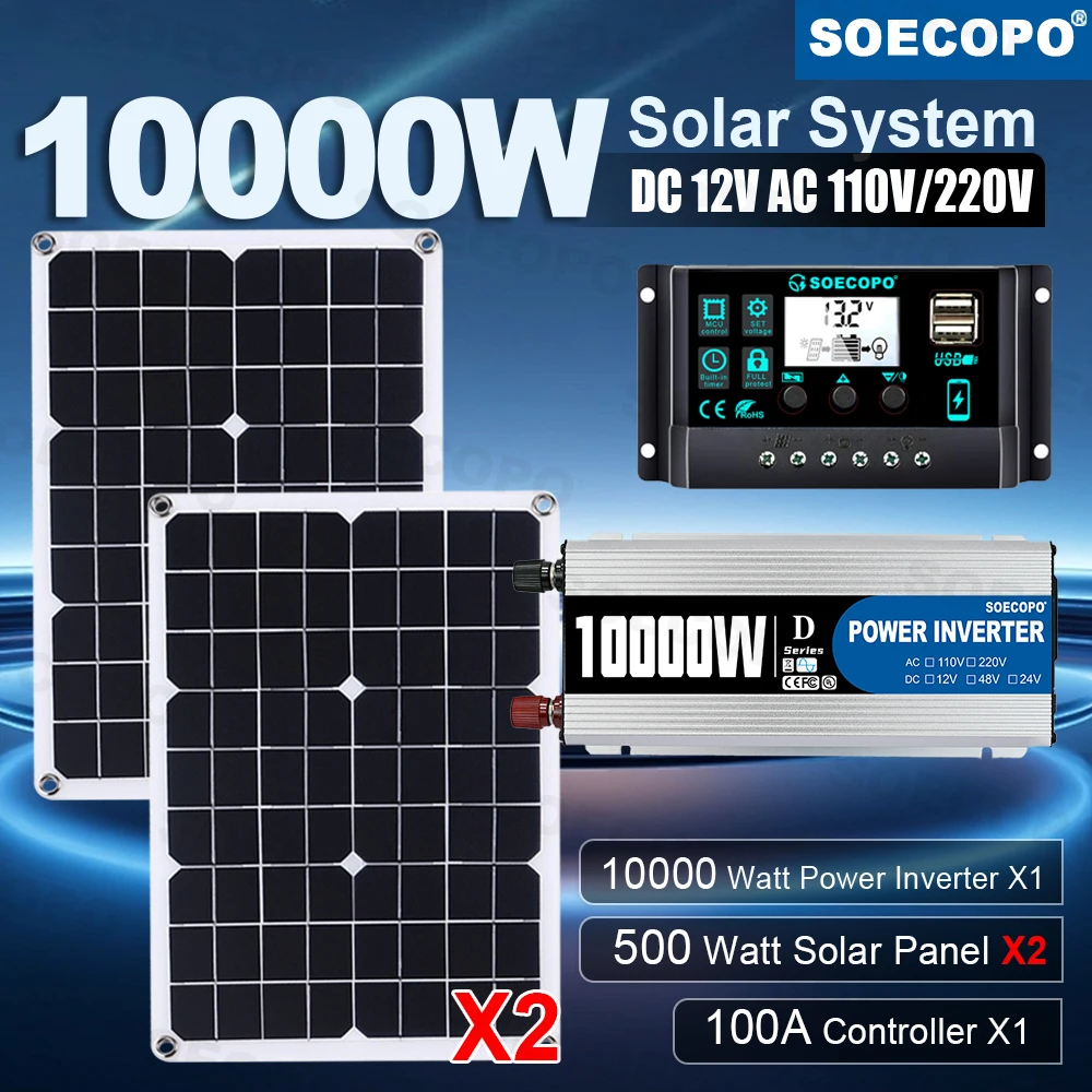 Image of SOECOPO Langlebiges 10000W Spitzenleistungs-Solarsystem-Kit, hocheffizienter Wechselrichter-Generator, 2x500W Panel, 100A-Controller für Boot, Garten, Auto