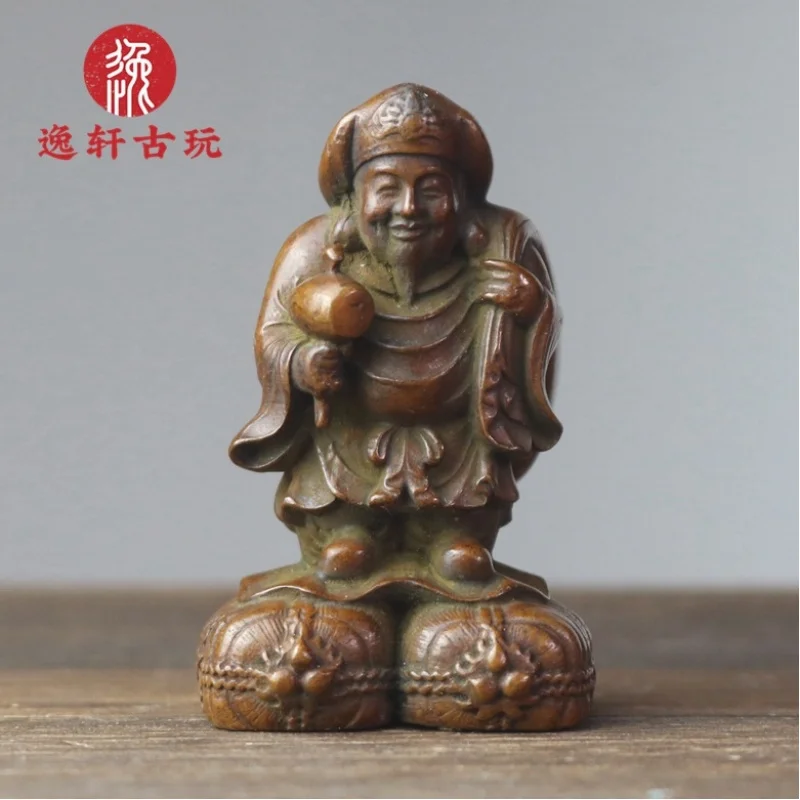 Antique copperware, copper hand-held piece, solid black celestial table, Japanese God of Wealth Buddha statue, tea pet