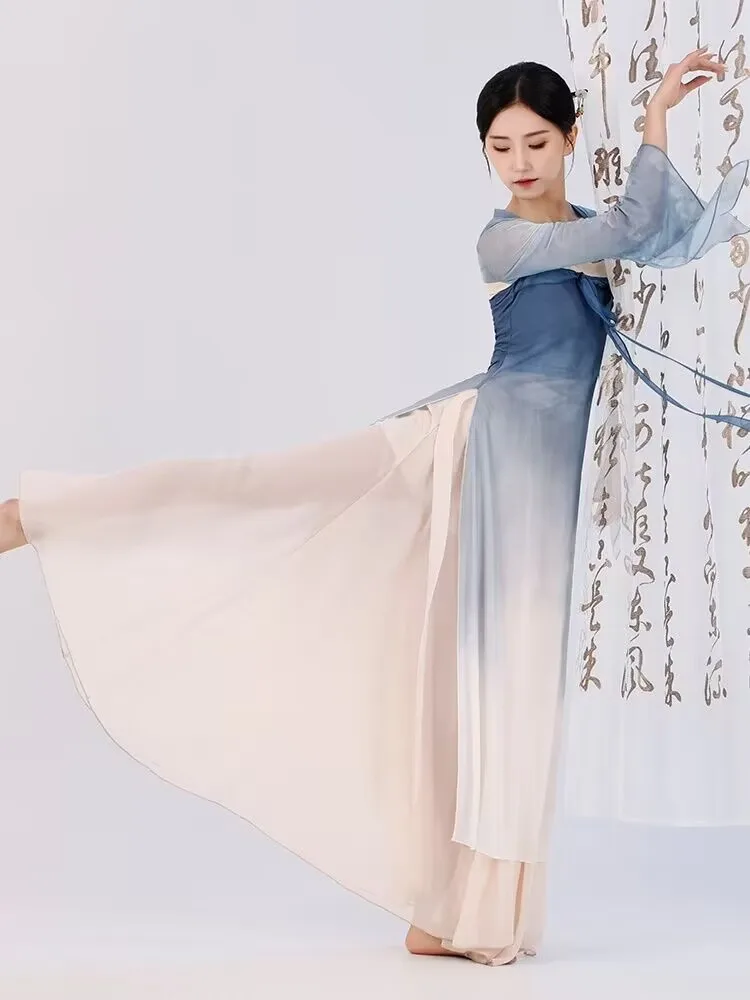 New classical dance attire, women's flowing Hanfu, chest length, tattered skirt, Chinese dance practice suit, ribbon long body c