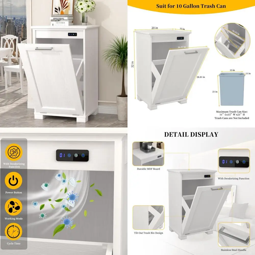 

10-Gallon Wooden Freestanding Trash Can Cabinet with Deodorizing Feature for Home and Kitchen Use