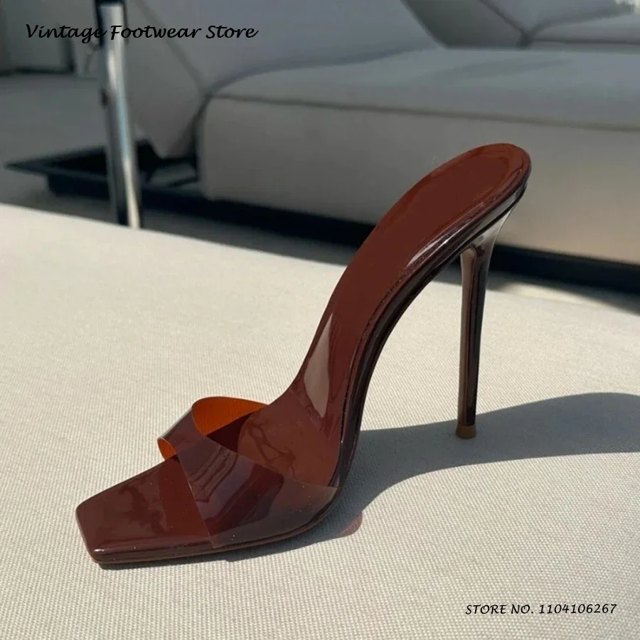 

12cm Transparent PVC Stiletto Mules Women's Square Open Toe Super High Heels Summer Fashion Pull On Modern Slippers Party Shoes