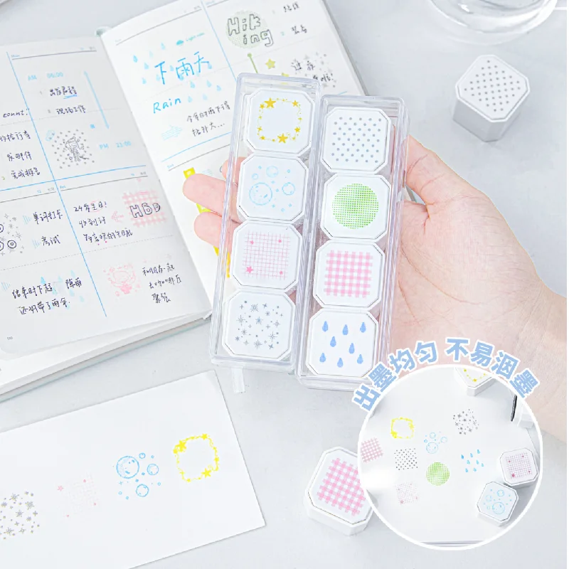 Ensemble de tampons pré-encrés Kawaii 4-en-1 pour carnet, motifs de fond, DIY, scrapbooking, décoration de journal, cadeau pour étudiant