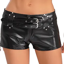 Womens Shorts Fashion PU Leather Hot Pants Low Rise Booty Shorts with Adjustable Double Belts Nightclub Festival Raves Party