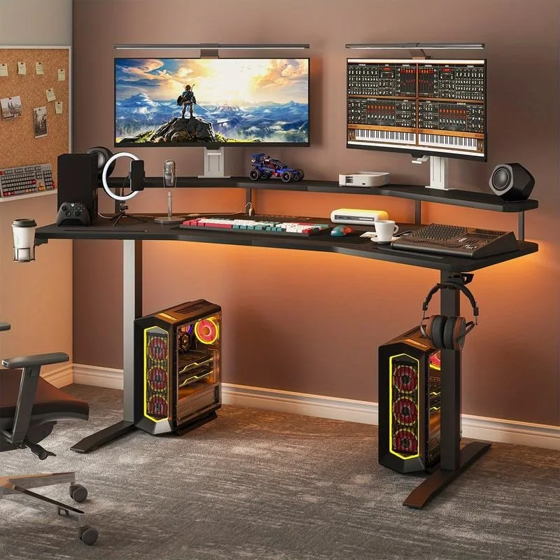 Gaming Desk with LED Lights & Power Outlets, 63" Wing-Shaped Computer Desk, Studio Desk with Monitor Stand, RGB Mouse Pad, Headp