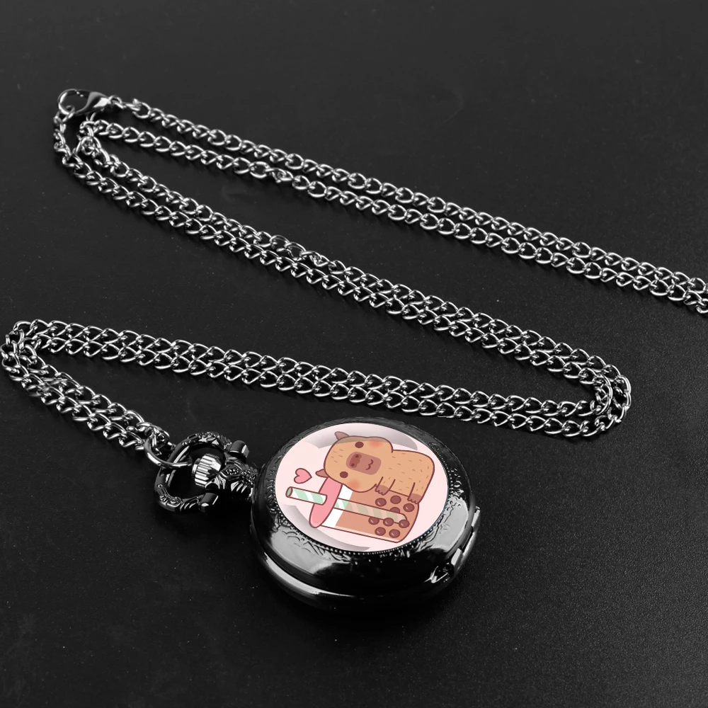 Cute Cartoon Capybara Design Glass Dome Pocket Watch with Chain Necklace Vintage Quartz Pendant Watches Clock Chain Mens Kids