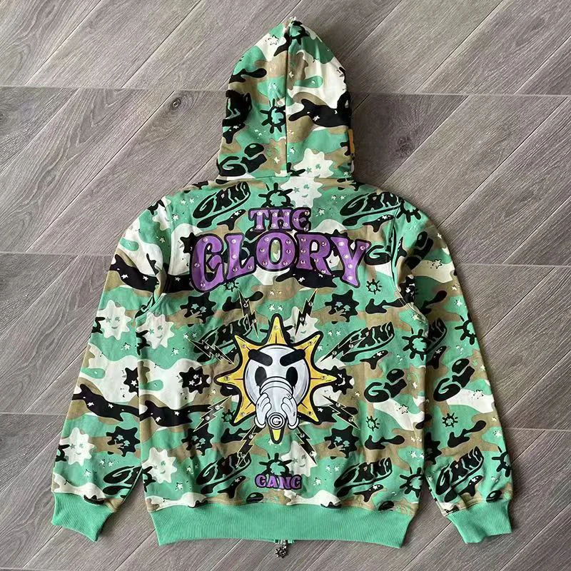 2024 New Glo Gang The Glory Casual Hoodie Embroidered Green Camouflage Print Men Women Comfortable Pockets Zip Up Sweatshirts