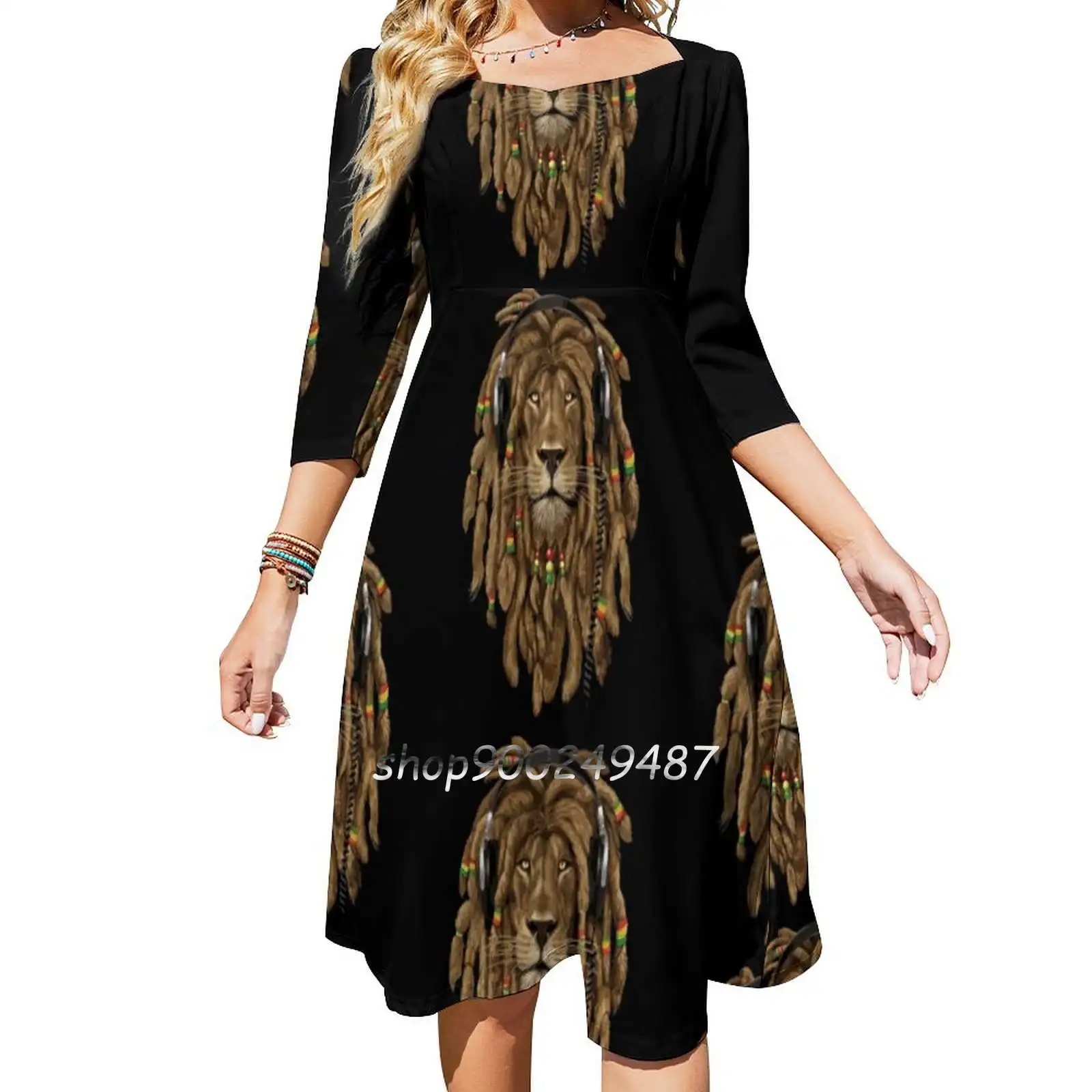 Rastafari Lion For Reggae Lover Dresses For Women A-Line Korea Style Slim Long Sleeve Dress Dreads Rasta Rasta Reggae Lion