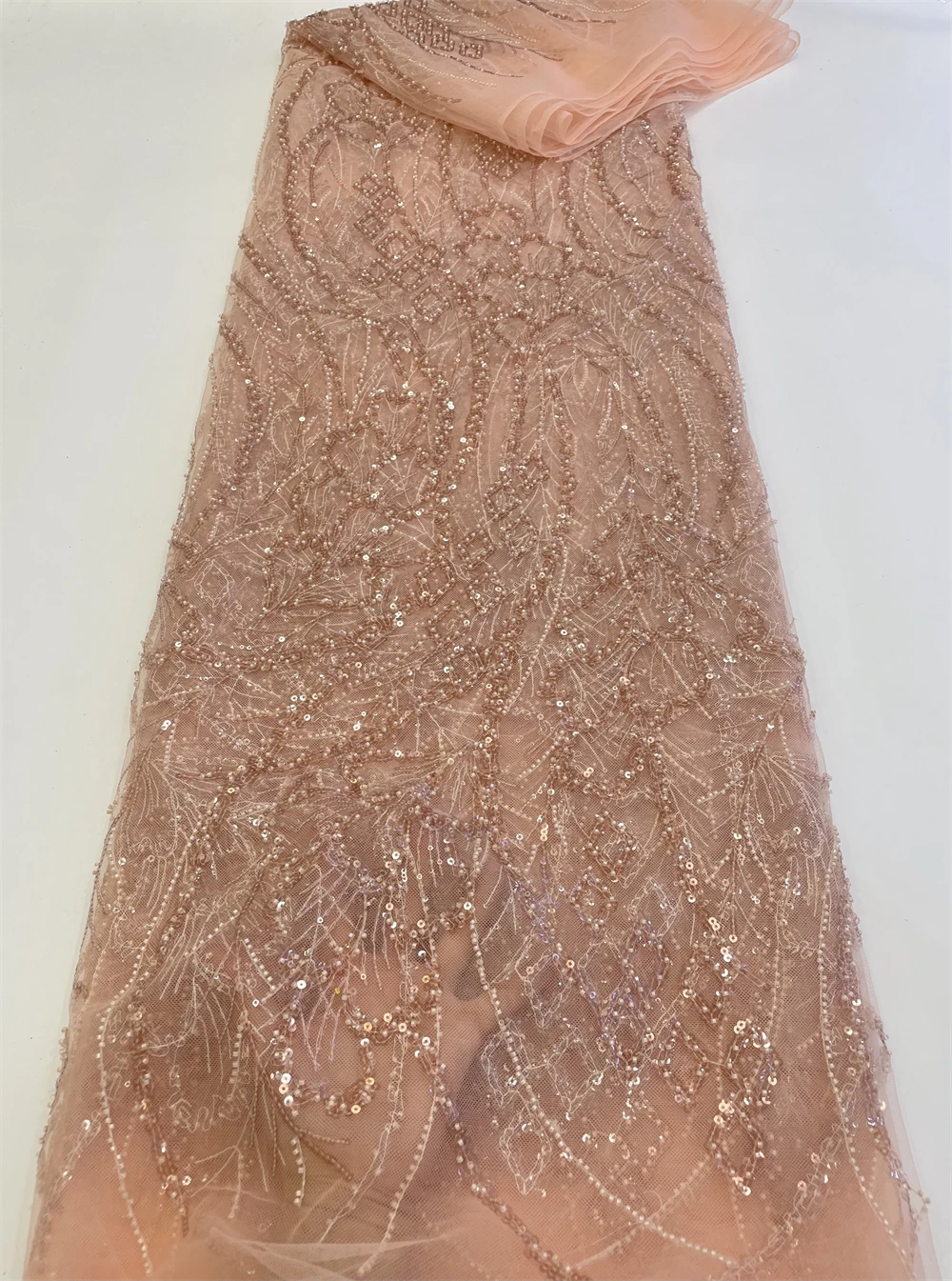 

Hot Sales Luxury Hig-End Quality Latest Elegant African Beaded Tube Sequins Lace With Lots Beades Fabric For Wedding Long Dress