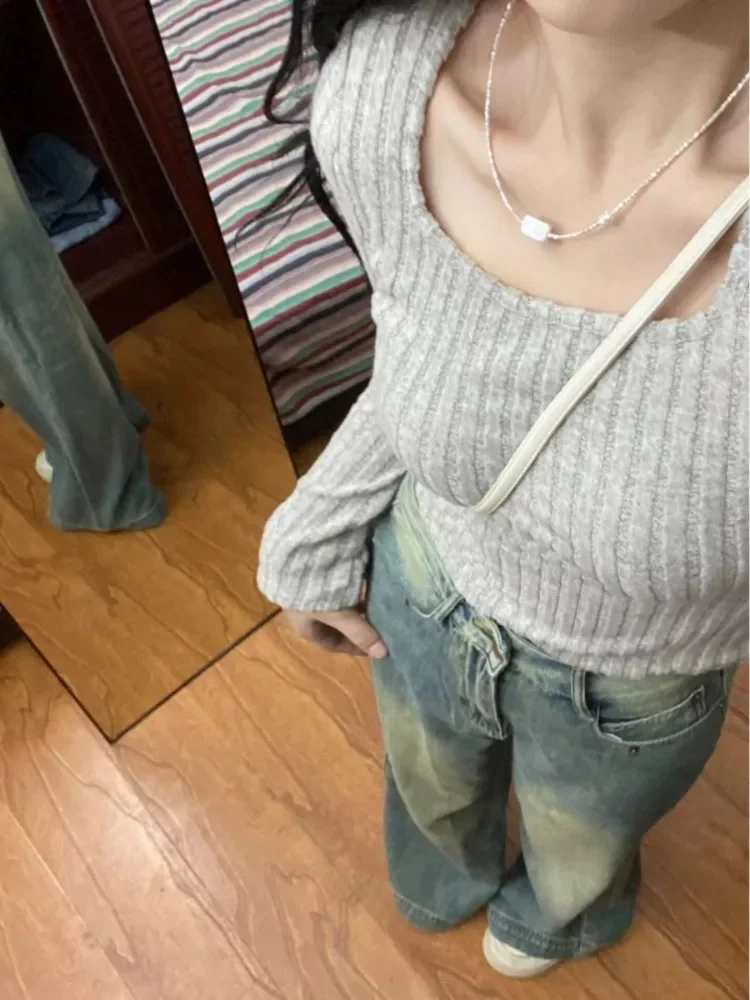 

Korean Vintage Slim Grunge Sweaters Square Collar Knitted All Match Bottoming Jumpers Y2k Aesthetic Ins Casual Cropped Pullovers