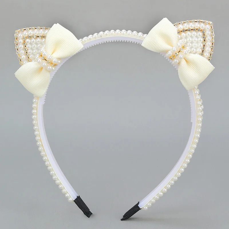 Fashion Rhinestone Headband Girls Ribbon Bow Hair Hoop Headwear Elegant Pearl Cat Ears Hairbands Kids Hair Accessories