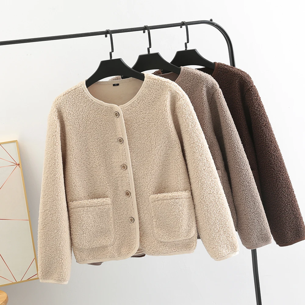 Spring and Autumn Cashmere Wool Coat Women's Warm and Loose Short 2024 Polar Fleece Thin Cardigan Petite Top