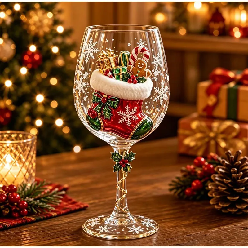 1/6pcs Christmas Wine Glasses Goblet Snowman Reindeer Stockings Sticker Transparent Glass Festival Decoration Party Art Cup Gift