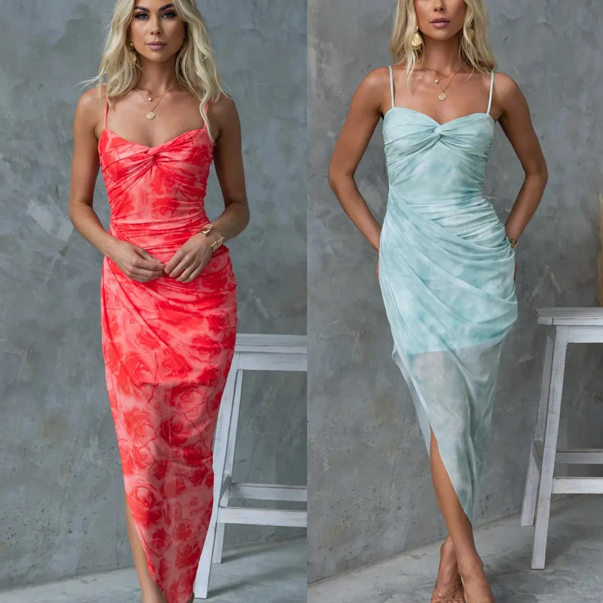 여성 봄 여름 새로운 스트랩 민소매 꽃 꽃 인쇄 분할 드레스 캐주얼 휴가 루즈 드레스