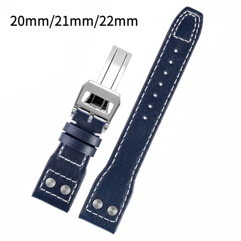 สําหรับนักบิน IWC Cowhide สร้อยข้อมือ 22 มม.21 มม.20 มม.หนังแท้เหล็กพับหัวเข็มขัดสายรัดข้อมือสีดําอุปกรณ์เสริม