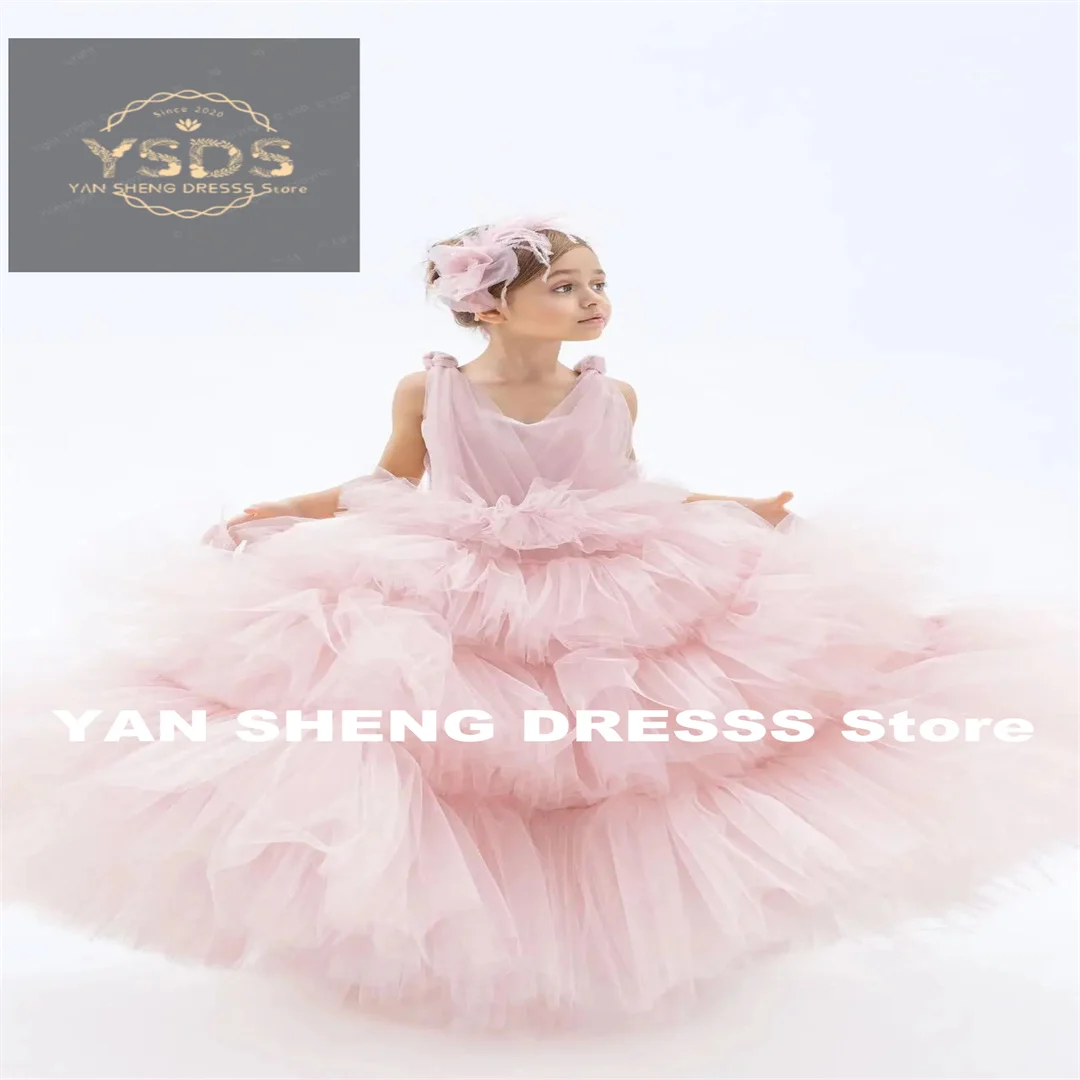 فستان فتاة الزهور مخصص لحفلات الزفاف تول بدون أكمام منتفخ أنيق للأطفال حفلة عيد ميلاد أول مناولة فستاين سهرة/فساتين الحفلات