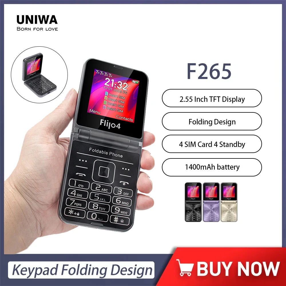 UNIWA-Mini teclado flip telefone para idosos, celular garra, botão grande, dobrável, F265, GSM, 2.55 