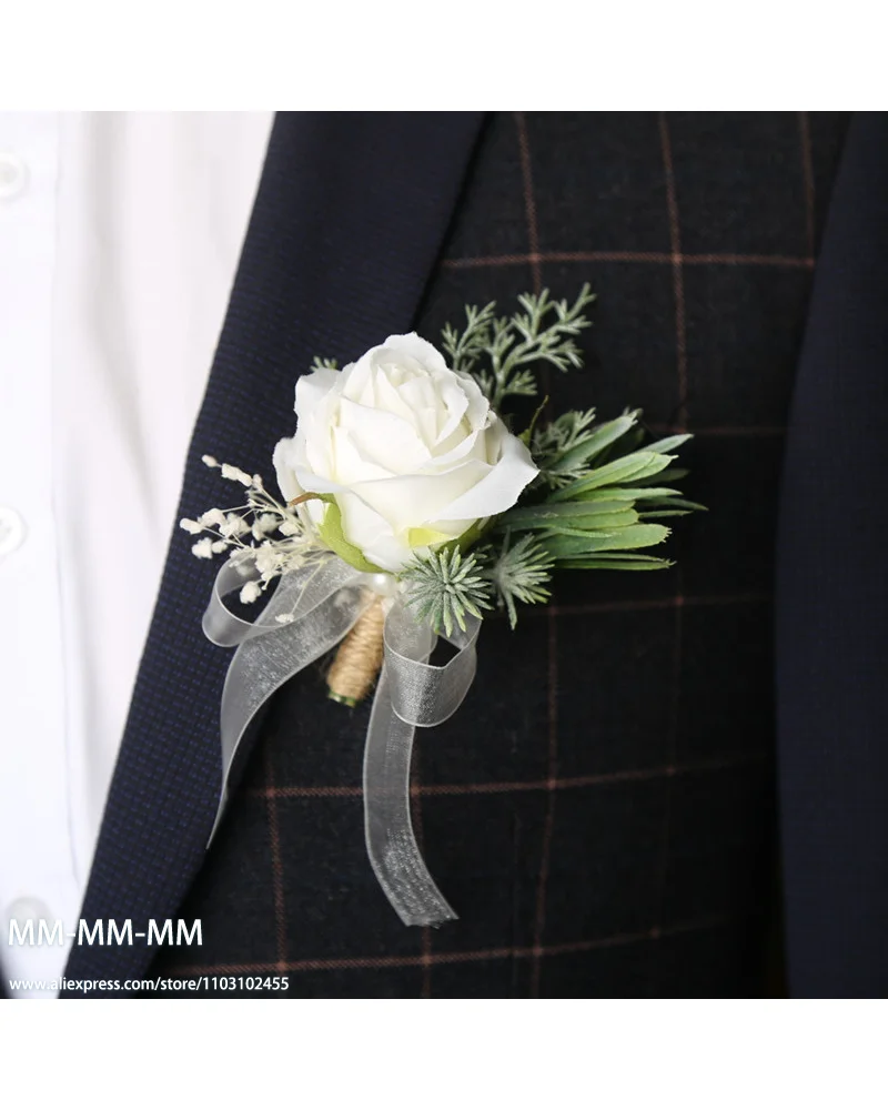 Boutonniere 및 허리 코사지 세트, 남자 결혼식용, 신부 신랑 실크 꽃 장식, 결혼 액세서리, MM 